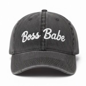 Boss Babe Embroidered Baseball Cap Charcoal Grey Distressed Hat Gold Buckle NWT